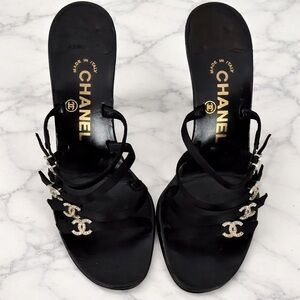 Chanel y2k vintage cc crystal logo charms heels strappy sandals leather silky